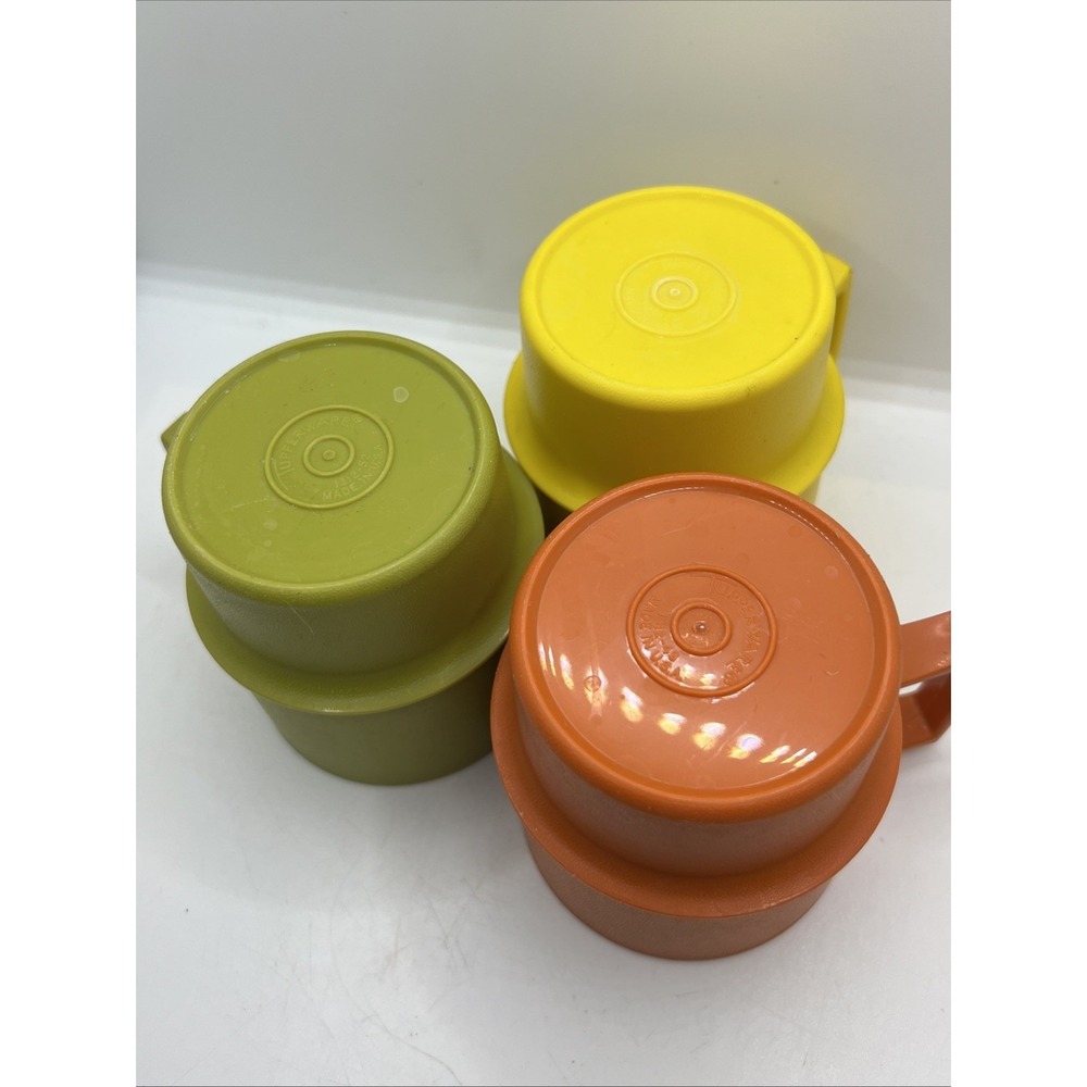 1970s Vintage TUPPERWARE Coffee Mugs Cup Orange‎ Green Yellow Set of 3 Stackable - Picture 4 of 6